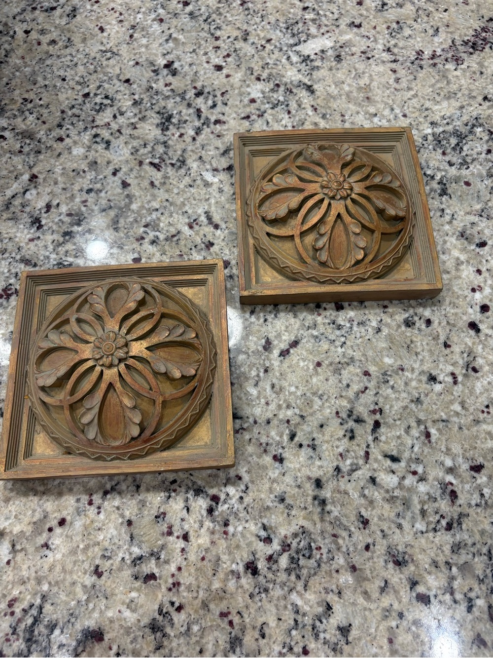 Set of 2 brown/gold heavy plaster wall decor in overall good condition